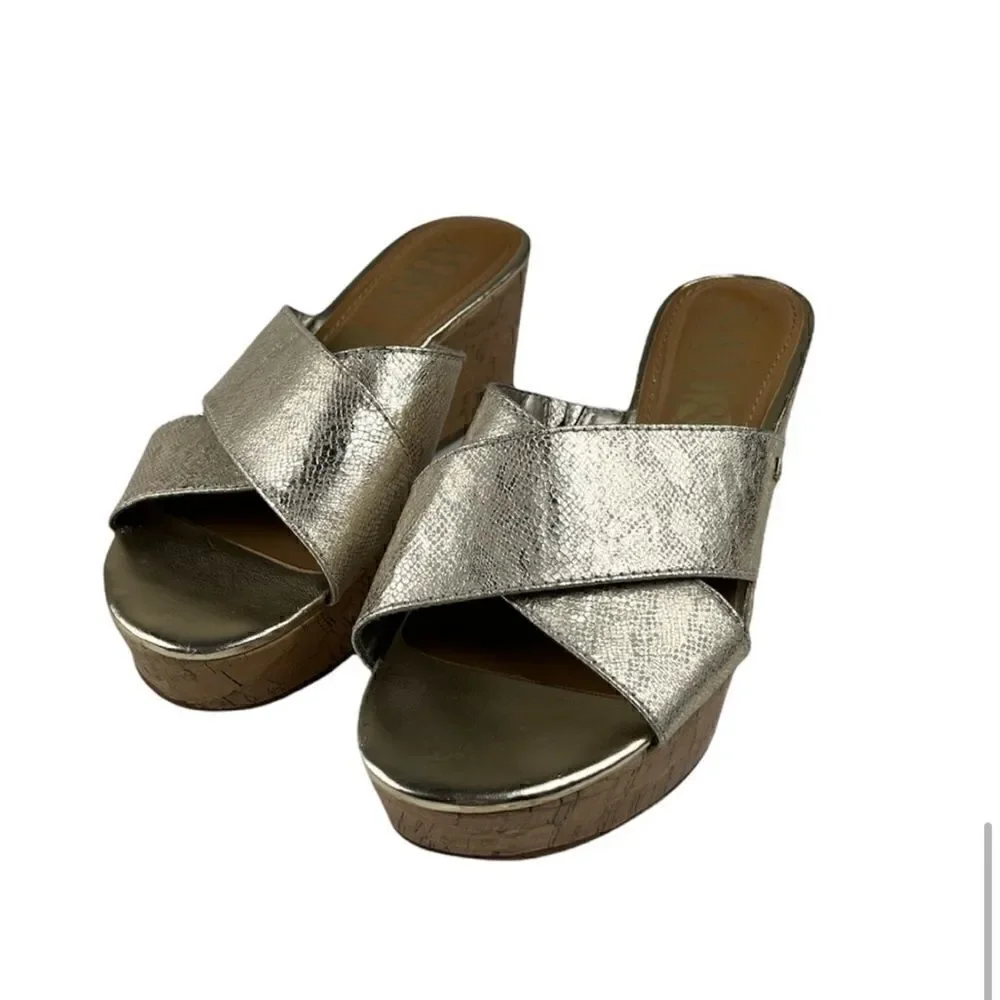 Sam & Libby Metallic Gold Cork Platform Wedge Heels Open Toe Sandals size 8